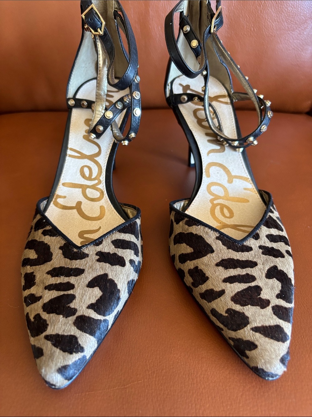 Sam Edelman Leopard Print Pointed Toe Ankle Strap Heels - Black/Tan